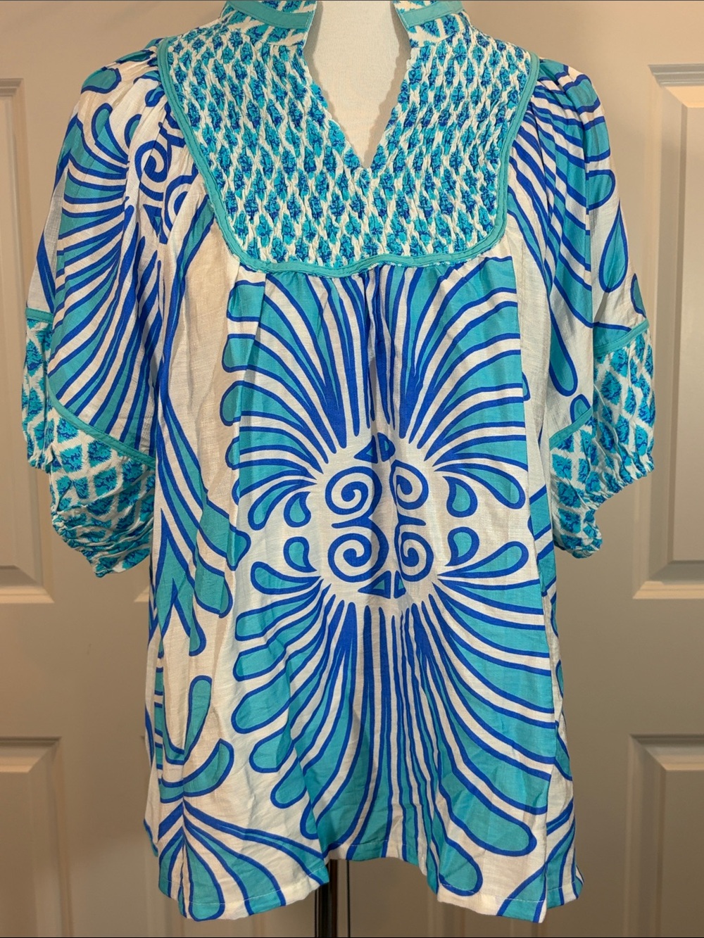 Umgee Blue & Teal Smocked Yoke Peasant Top